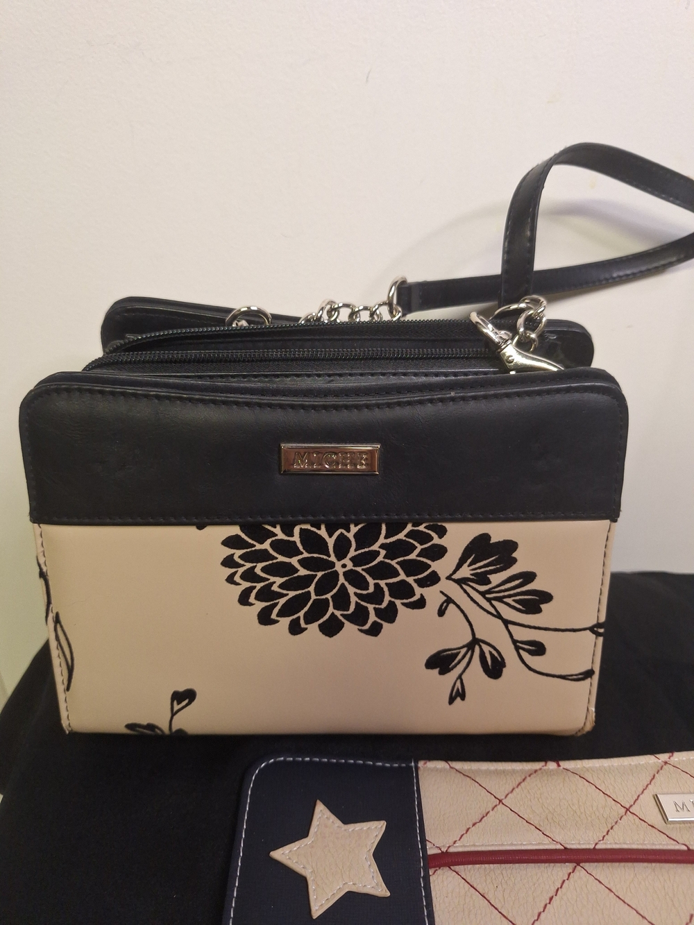 Miche Black and Cream Floral Crossbody Bag With One Extra Cover